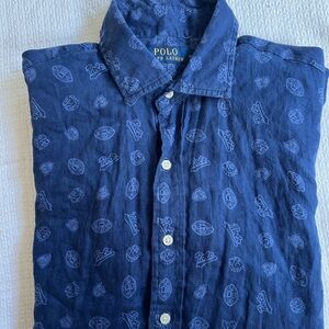 Ralph Lauren Blue Casual Button Down Shirt with Heart Pattern